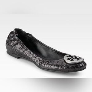 Tory Burch Black Glitter Reva Ballerina Flats Sz 7.5